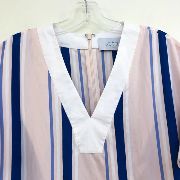 PEARL by Lela Rose Striped Ruffle Sleeve Pink Blue Designer Sheath Mini Dress S - Picture 5 of 10